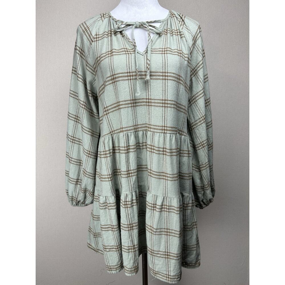 She + Sky Tiered Dress Top Plaid Flannel Long Sleeve Sz M Loose Fit Cottage Core
